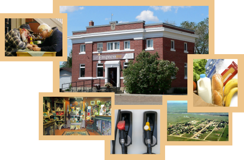 A collage showing the old bank inside and out, an aerial view of the village and indications that we sell fuel and groceries.
