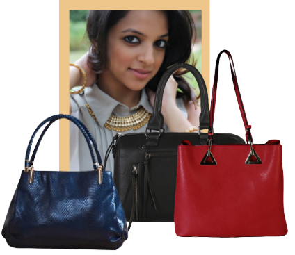 Collage of red and blue handbags