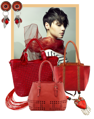 Model with red handbags and jewelry
