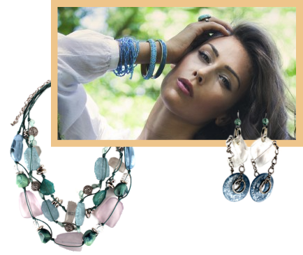 The trend in womens costume jewelry is towards the big, bold and beautiful.  A pastel beach glass necklace could be paired with the bangles on the model.