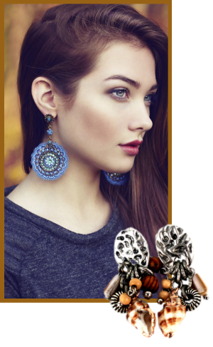 A model wearing very large circular drop earrings.  A second pair of brown beaded drop earrings is also shown.