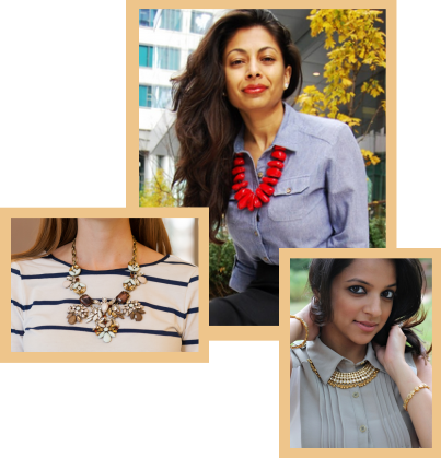 Three types of chunky necklaces on models.