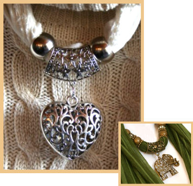 Scarf jewelry - heart an elephant pendants.