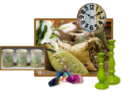 A collection of accessories for the home including pillows, candlesticks and handmade mugs.