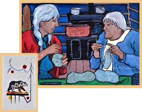 A Nokomis painting of old women knitting.