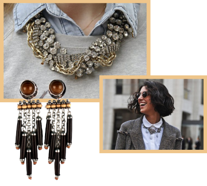 Trendy fashion jewelry includes a chunky necklace and big, bold earrings. A collage of trendy chunky jewelry