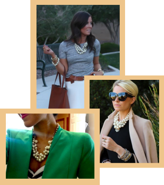 A collage of women who are wearing pearls in business suits.