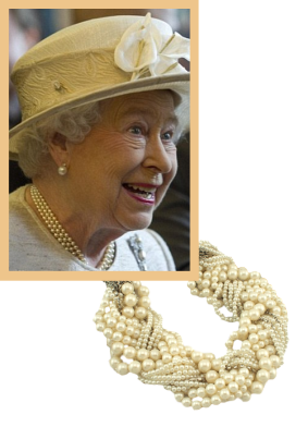 Queen Elizabeth wearing her favourite pearls.