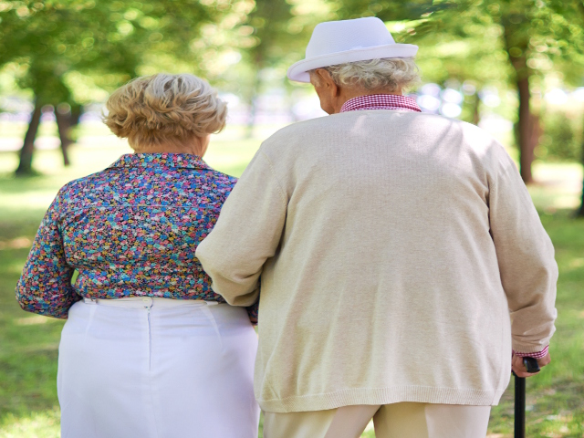 Elderly couple out walking