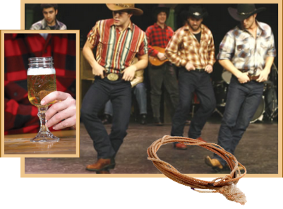 Cowboys line dancing, drinking beer